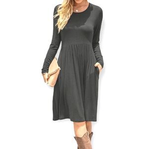 DB MOON Women Casual Long Sleeve Dresses Empire Waist Loose Dress with Pockets